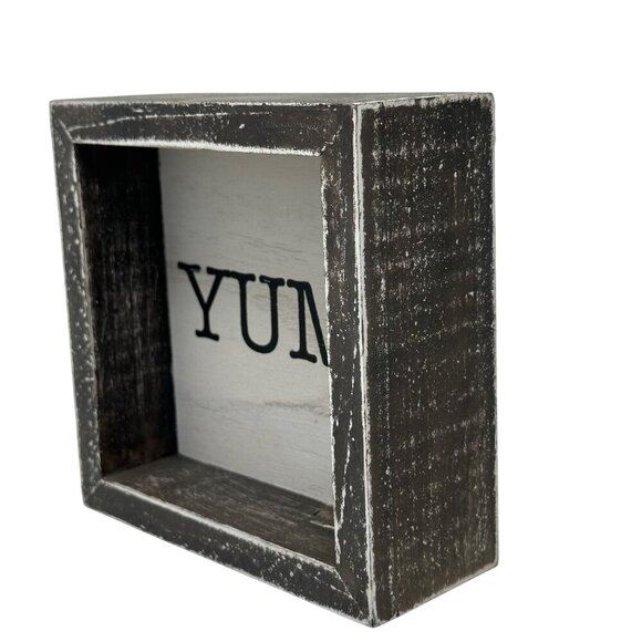 Rustic Yum Block Sign 5in Free Standing Distressed White Brown Kitchen Decor - Picture 3 of 8